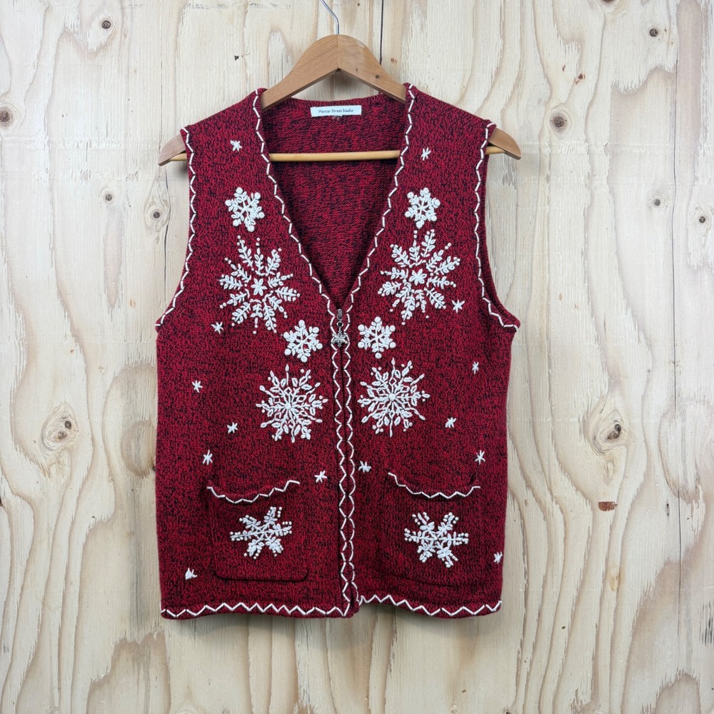 Mercer Street Studio Sweater Vest Women Med Red Snowflake Holiday Zip